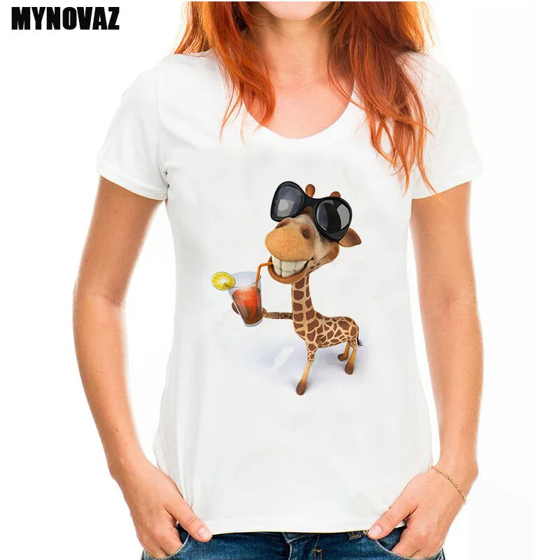 

New Design Of The Summer Women's Tops Fashion T Shirt In 2018 Funny Cartoon Giraffe Is Drinking A Drink HD Print Lady Tops Tees