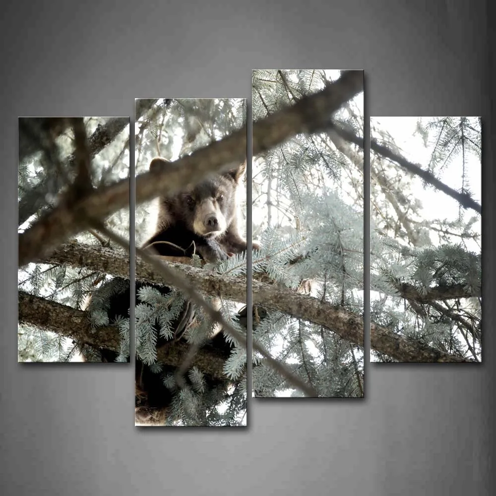 

4 Panels Unframed Wall Art Pictures Bear Tree Canvas Print Modern Animal Posters No Frames For Home Living Room Decor