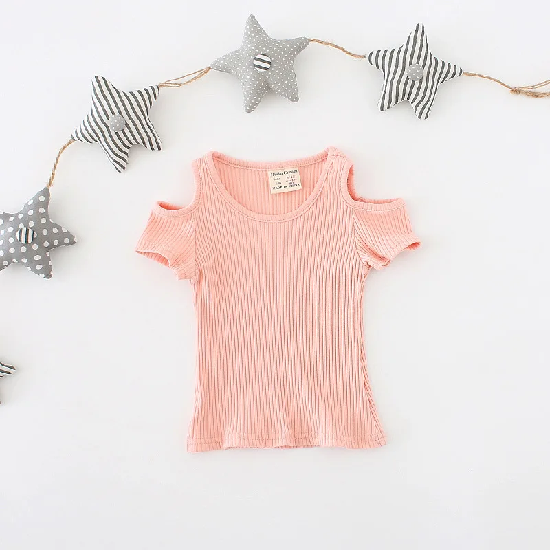 V-TREE, новая одежда для маленьких девочек, летние футболки для девочек, футболка с открытыми плечами, блузка, топы для малышей, футболки, одежда для девочек 2-6 лет - Цвет: Розовый