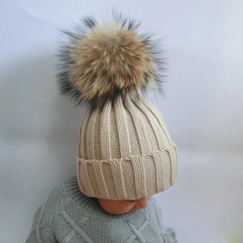 2016 Fashion Children Winter Raccoon Fur Hats 100% Real 15cm Fur pompom Beanies Cap Natural Fur Hat For Kids Children
