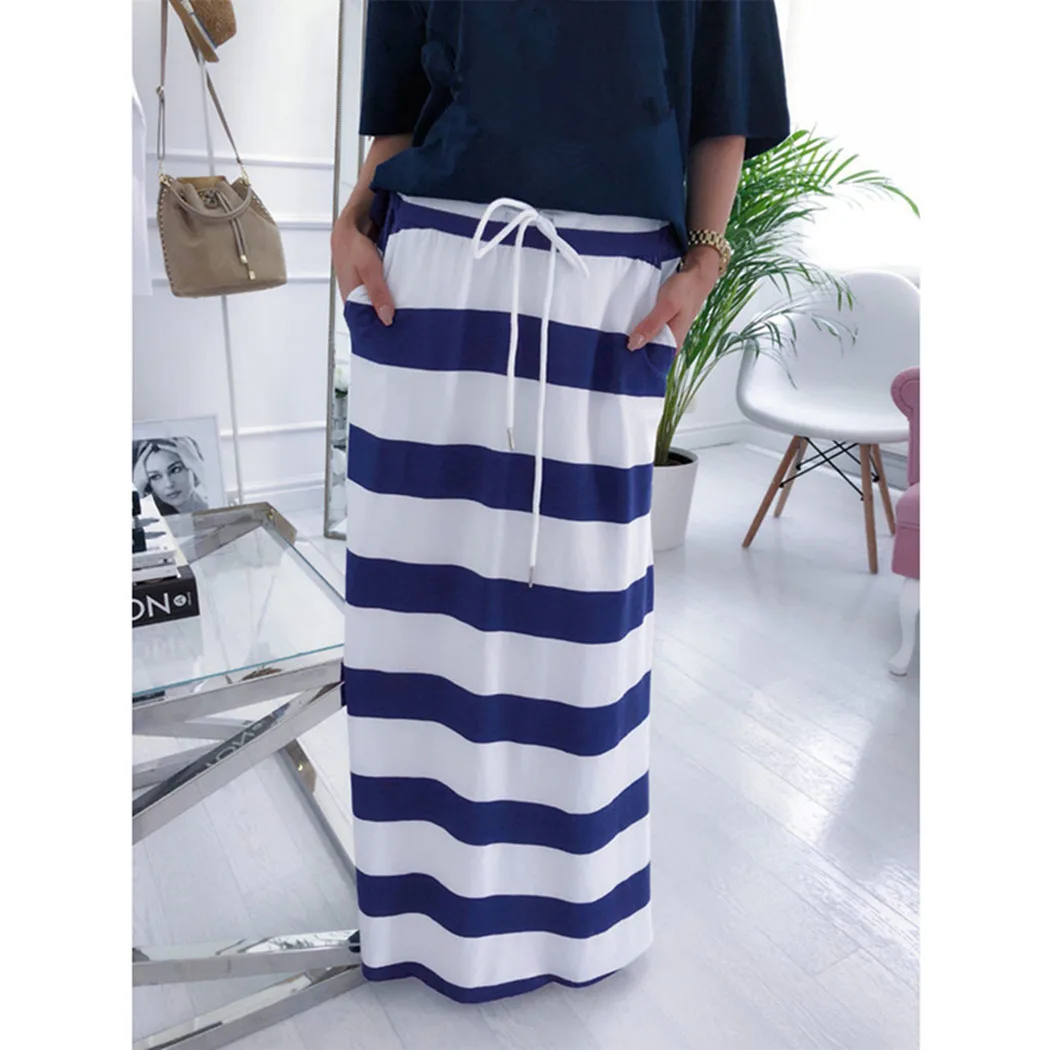 Летние бело-голубые, в полоску длинная юбка Для женщин Свободные Повседневное карман юбки с завязками Дамская мода Высокая талия прямые свободные юбки