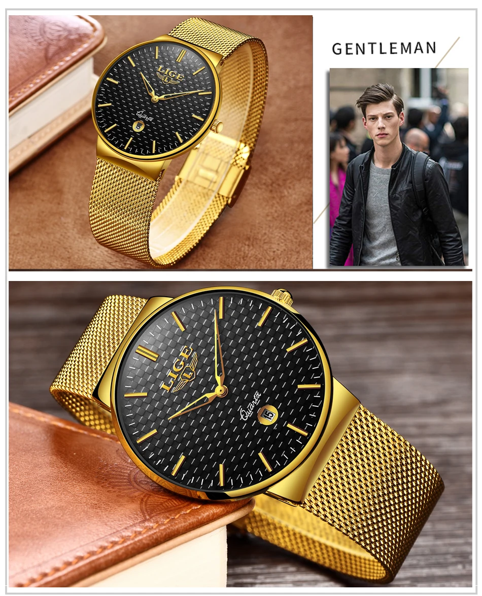LIGE, модные мужские часы, Топ бренд, Роскошные, ультра тонкие кварцевые часы, мужские, стальной сетчатый ремешок, водонепроницаемые, золотые часы, Relogio Masculino