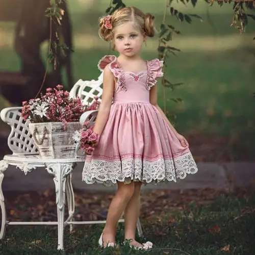 

Adorable Baby Girls Dress Lace Solid Ruffles Sleeve Dress