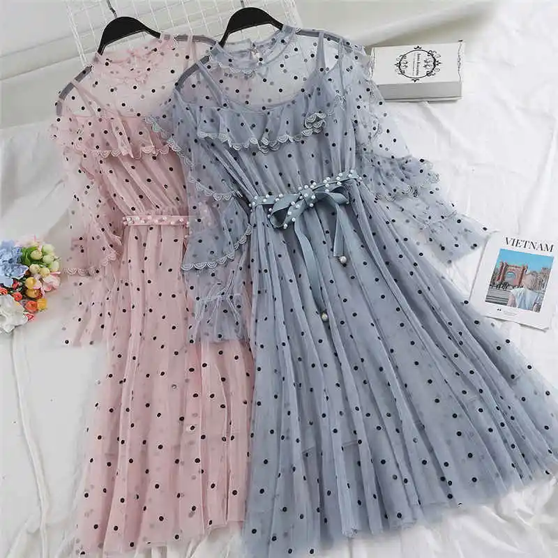 

Two Piece New Spring Autumn Women Long Dresses Sweet Sashes Dot Lace Dress Female Ruffles Long Sleeve Mesh Dress Vestidos AB1551