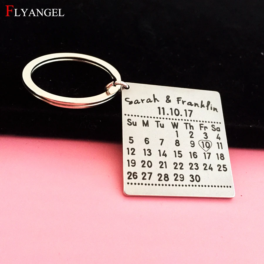 

Custom Engraved Name Date Key Chain Gifts For Couples Valentines, Customized Hand Stamped Calendar Keychain,Personalized Keyring