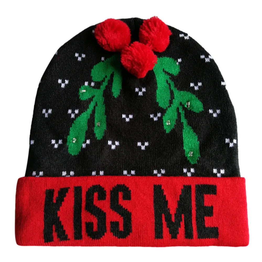 WARM Women Winter Hats Christmas Led Light up Knitted Ugly Hats Ladies