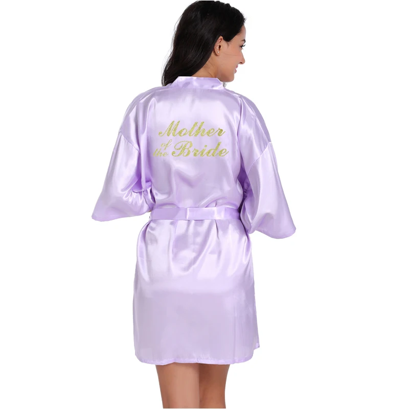 Кимоно для невесты с золотым блестящим принтом и буквенным принтом, женское платье из искусственного шелка для девичника, свадебные вечерние халаты - Цвет: Lavender Motherof B