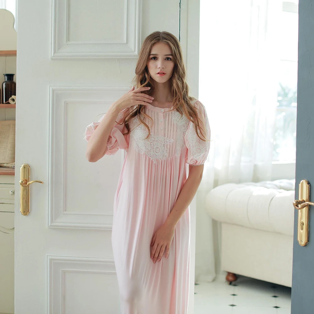 Lantern Puff Sleeve Short Sleeved Modal Sleeping Dress White Pink Princess Sleepwear Female