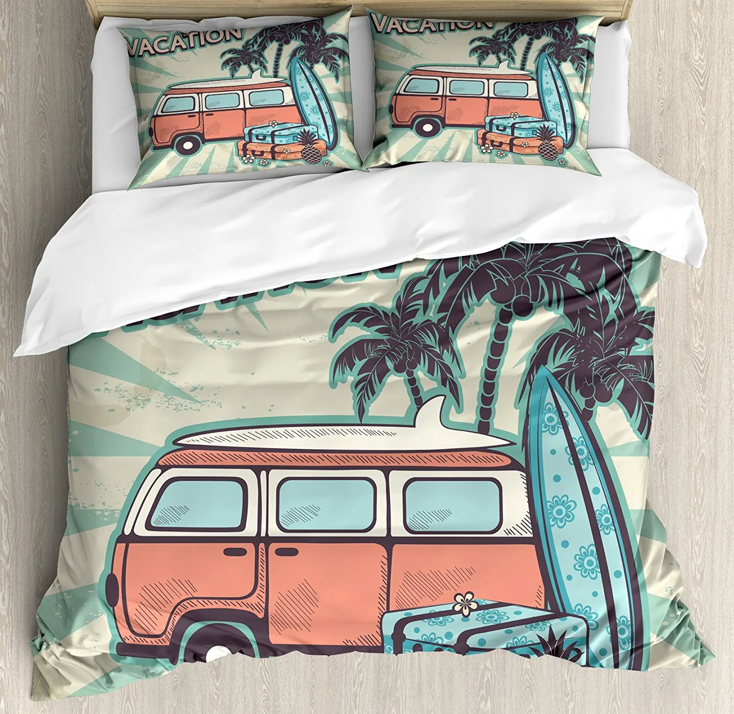 Duvet Cover Set, Hippie Van near Coconut Palm Trees Floral Suitcases
