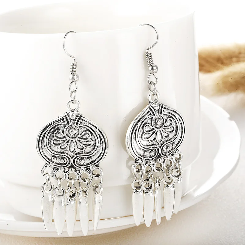 

SexeMara Fashion Bohemian Vintage Jewelry National Element Tibetan Antique Silver Retro Earrings Ethnic Women Tassel Earrings