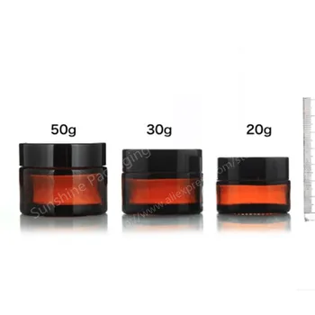 

100pcs 50g Round Amber Glass Jar Straight Sided Cream Jars with black plastic lid cap inner liner for Homemade lotion cosmetics