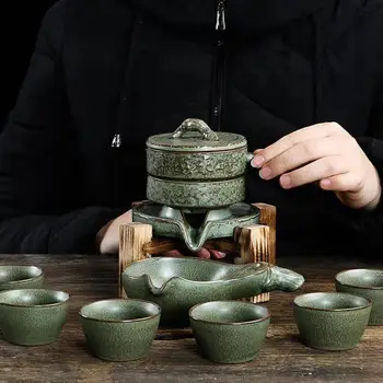 

Creative lazy mill semi-automatic tea set stone Retro ceramic teapot tea cups anti-scalding Kung Fu tea gift