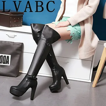 

LVABC 2018 Big Size 33-43 Female Over the Knee Boots Slip on Women's Thigh High Boot Buckle Strap Thick Heels Shoes Woman