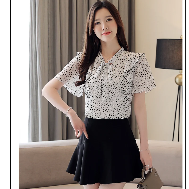 

Elegant Women Chiffon Shirts Blouse 2019 Summer New Fashion Bow Tie Wave Dot Printed Women Shirts Blusas