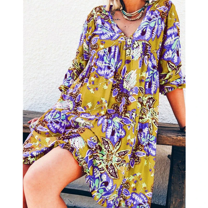 Новая модная женская одежда с длинным рукавом лето осень Бохо цветочный принт Пляж Повседневный свободный кафтан туника пляжное мини-платье, сарафан - Цвет: Цвет: желтый