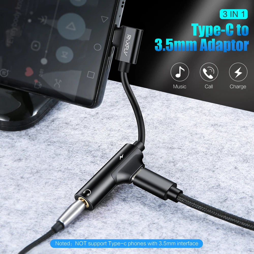 RAXFLY Audio Converter 2 in 1 USB Type C to 3.5MM Type C Splitter Earphone Charger Jack Aux Cable Headphone Adapters Converter