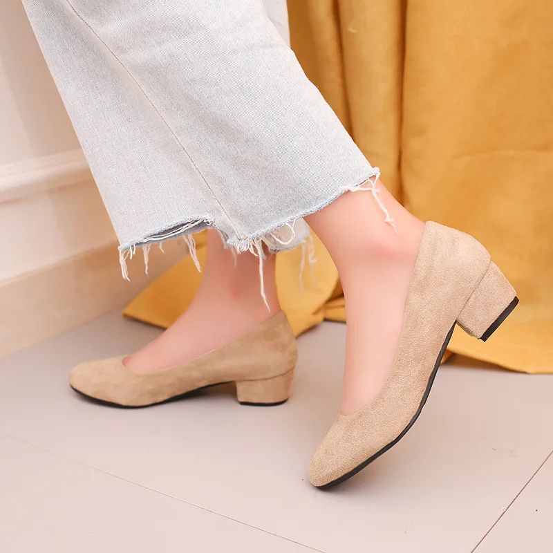 

2019 new women's shoes shallow mouth round head suede thick with single shoes work women's professional low heel shoes 35-40