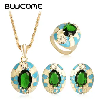 

Blucome Luxury Dubai Style Round Green Earrings Ring Necklace Set Rhinestone Women Wedding Dress Party Accessories Gifts Bijoux
