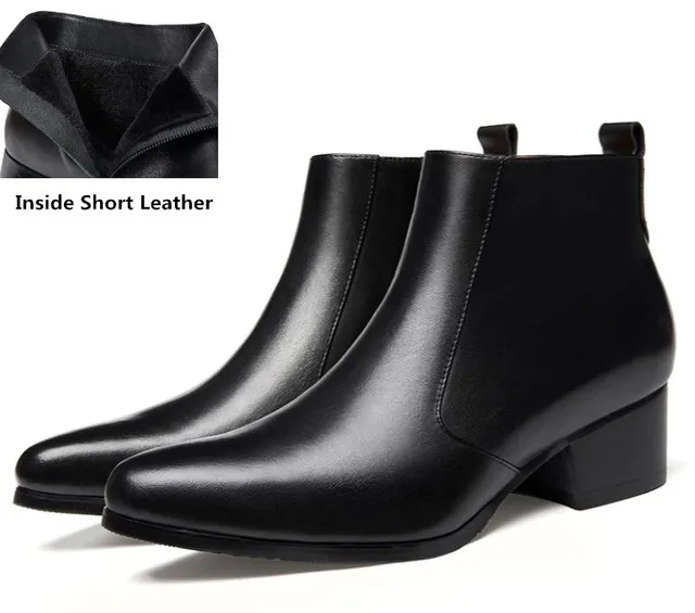Autumn winter mens pointed toe genuine leather ankle boots men high heels quality wedding dress shoes career work boots botas 44 Inside Short Plush