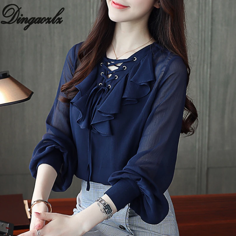 Dingaozlz корейский стиль волна Свободная шифоновая блузка с длинным рукавом оборками галстук-бабочка женские топы сплошной цвет Повседневная Женская рубашка - Цвет: blue