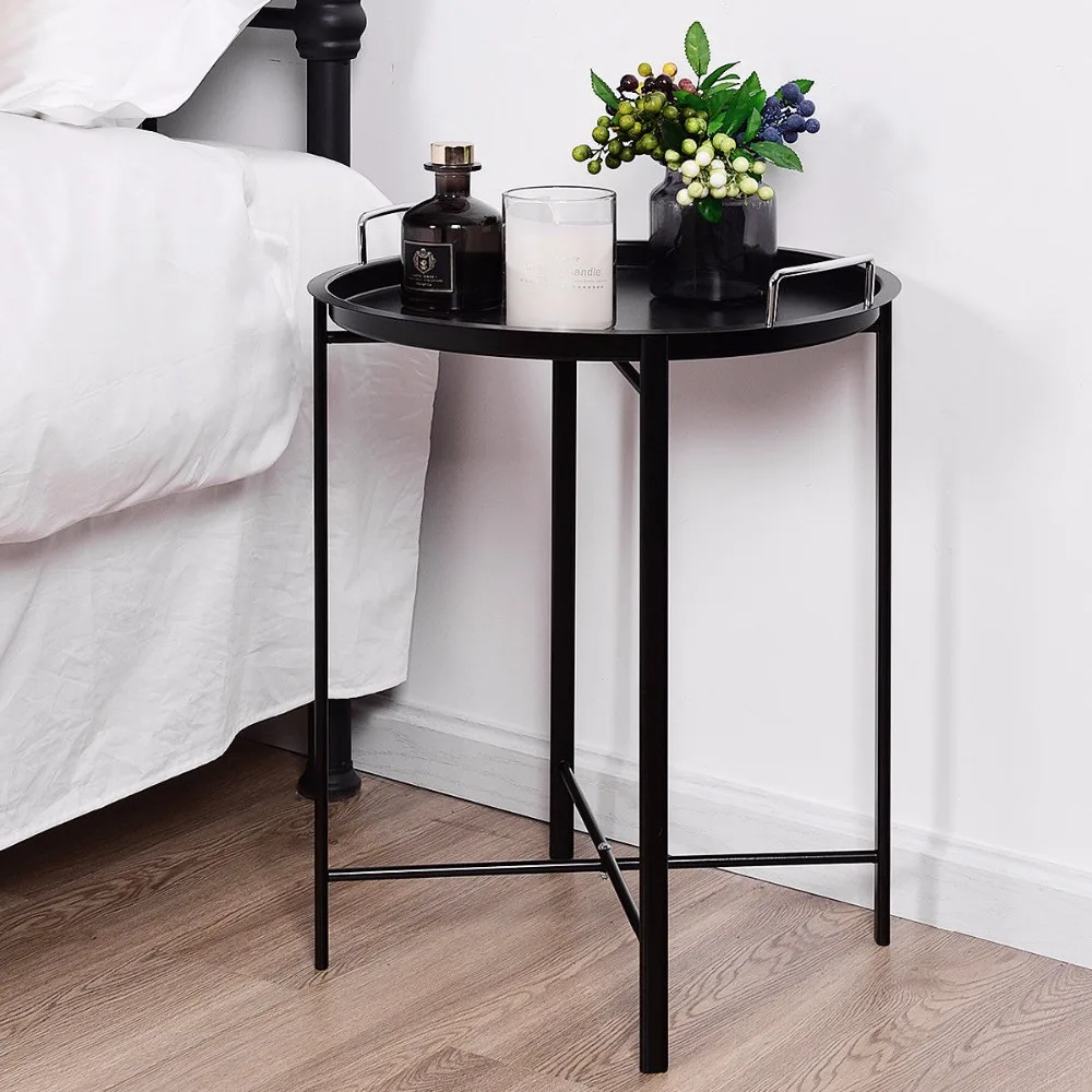 Giantex المعادن صينية الجدول جولة نهاية الجدول أثاث غرفة المعيشة أريكة sidetable الأسود HW58502BK