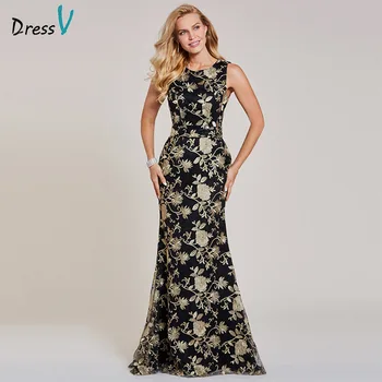 

Dressv black long evening dress cheap scoop neck sleeveless mermaid wedding party formal dress embroidery evening dresses