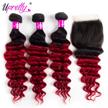

Upretty Ombre Brazilian Hair Weave WIth Closure 1B 27 30 Burgundy Colored Loose Deep Wave Human Hair 3 Bundles With Lace Closure