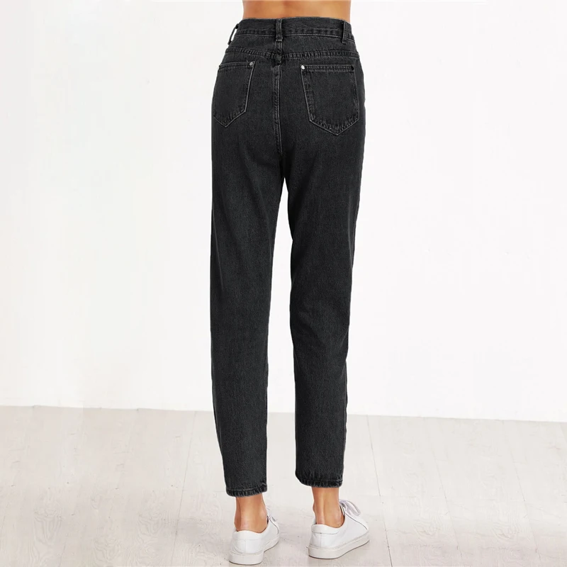 ROMWE/укороченные свободные джинсы со средней талией, повседневные дизайнерские женские джинсы, светильник на черной пуговице, весенние осенние прямые джинсы