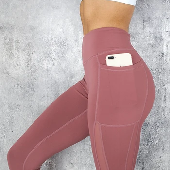 

2018 Women Fitness Leggings Push Up Sports Pants with Big Pocket Side See Through Leggings Push Up Mesh Patchwork Pink Black