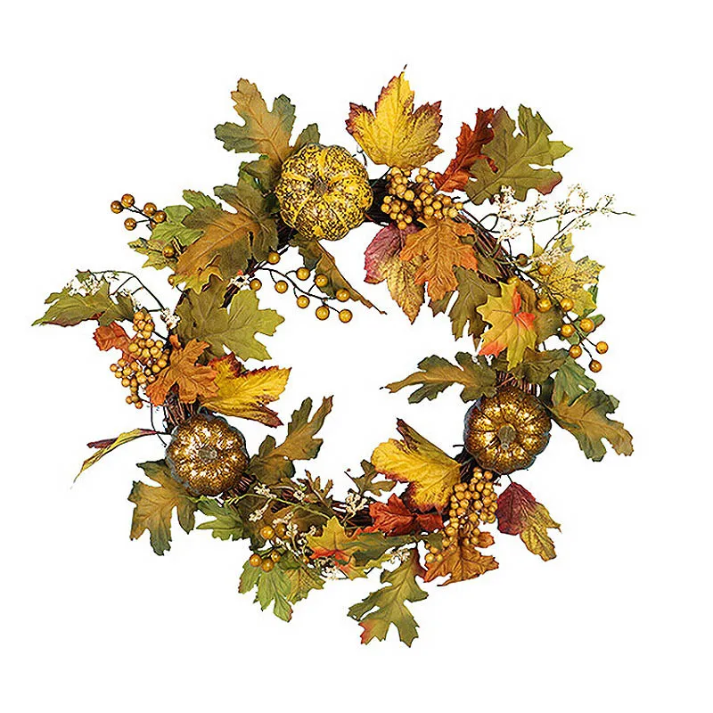 

Artificial Maple Leaf Pumpkin Wreath Simulation Silk Garland Fake Flower Cane Christmas Thanksgiving Door Wall Hanging Decor