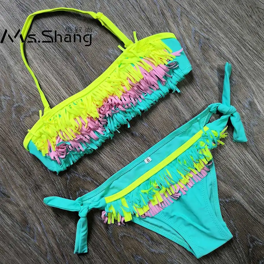 5 12 Years Teenager Girls Swimsuit Kids Swimwear Tassel Big Girl Bikini