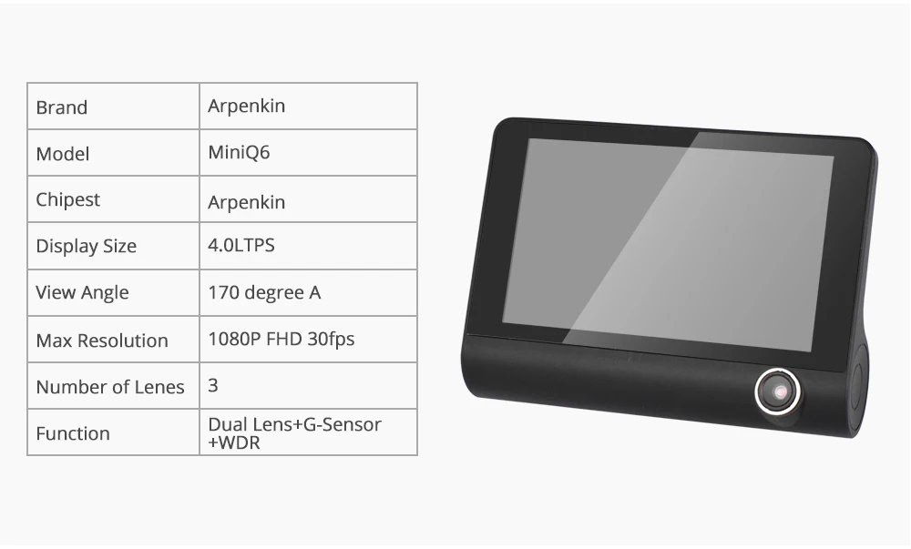 Arpenkin Q6 4 ''Автомобильная dvr камера 1080P видео рекордер 170 градусов авто регистратор три способа Dashcam заднего вида Две камеры s двойной объектив