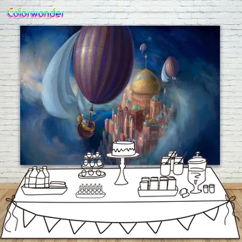 

Oil Painting Photography Background Colourful Ancient Castle with Magic Wind 7x5ft Hot-air Balloons with Little Girl Backdrops