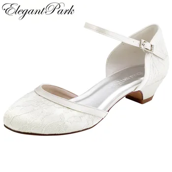 

White Ivory Bridal Wedding Shoes For Bride Closed Toe Block Heel Shoes Lace Comfort Mid Heel Pumps Woman Ladies Buckle HC1620