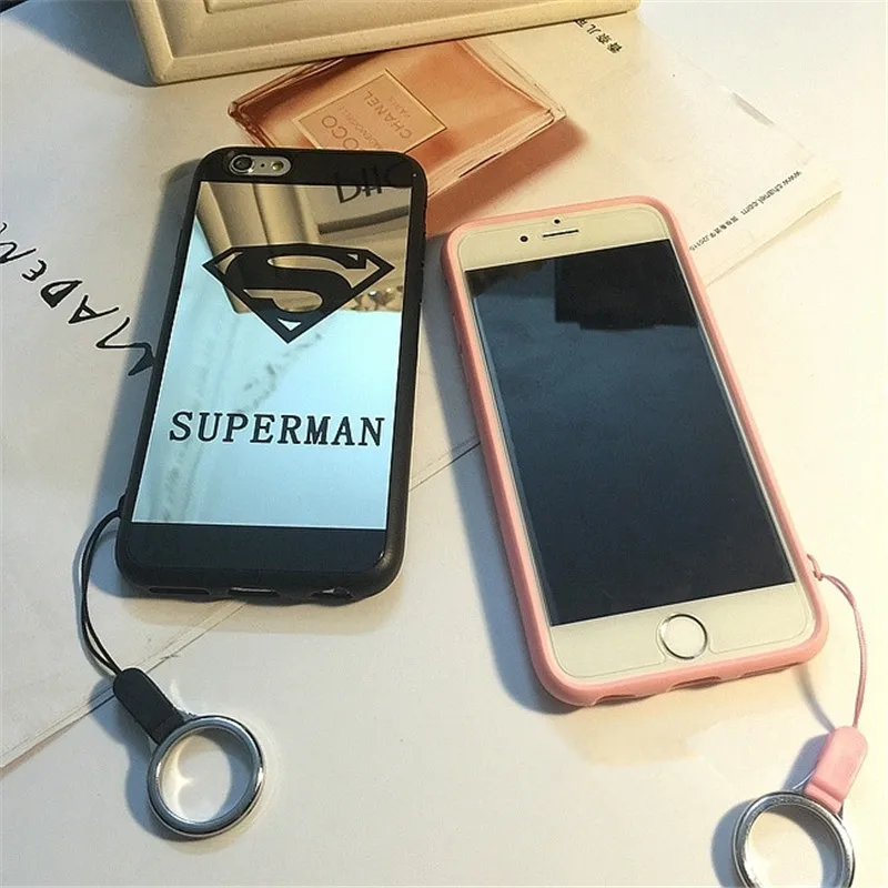 

couple mirror phone case For iPhone X 8 7 Plus Superman Superwoman Soft Rubber Hang Rope For iPhone 6 6s Plus 5 5s SE Funda Capa