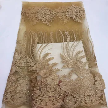

gold african lace fabric 2018 high quality lace french mesh fabric beaded nigerian lace fabrics for dress A1339-1