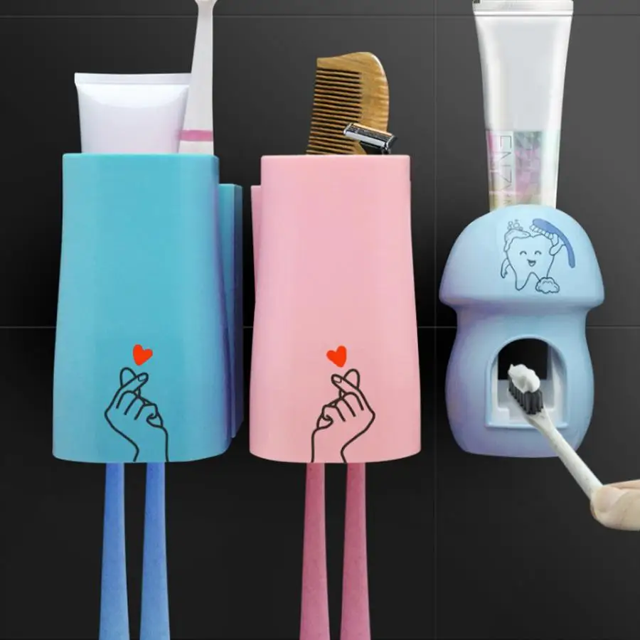 

Automatic Toothpaste Dispenser + Two Cups Storage Rack Wall Mounted Bathroom Toothbrush Holder Wall Bath Cup Rack