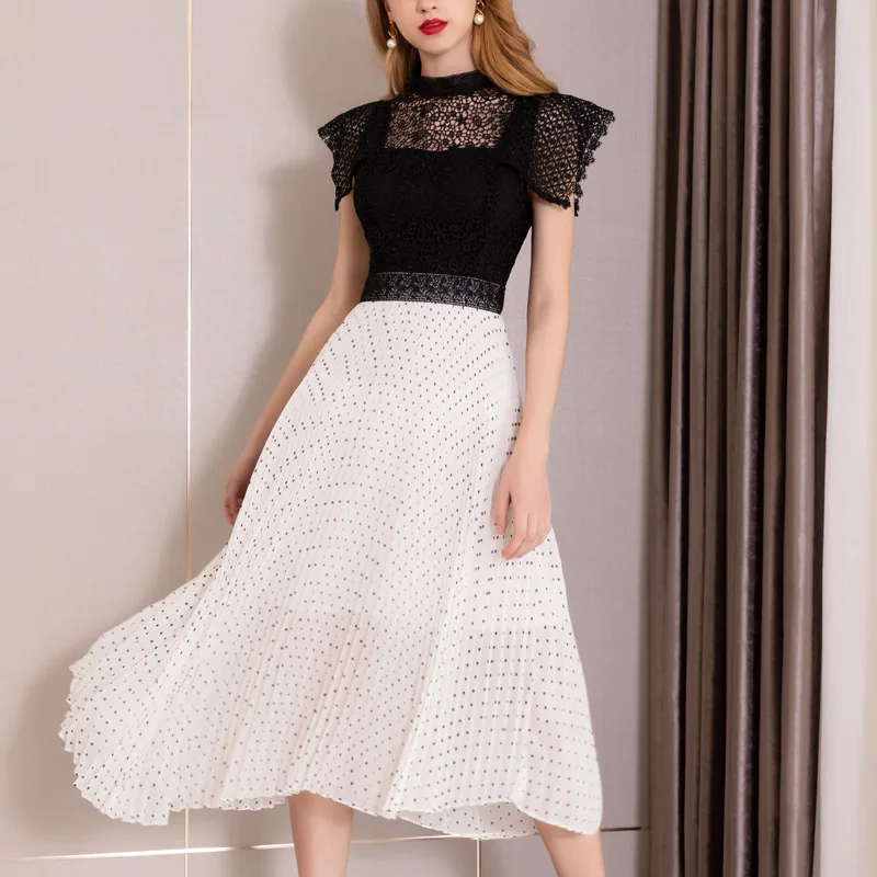 

PIXY Black White Polka Dot Dress Summer Ladies Long Pleated Dresses High Waist Tunic sukienka vestidos Sexy Hollow Out Lace ins
