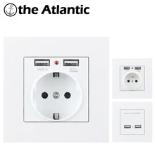 16А розетка, розетка, ЕС, Франция, стандарт, двойной USB порт, 5 В, 2.1A, настенное зарядное устройство, адаптер со светодиодным индикатором, ПК, пластиковая панель