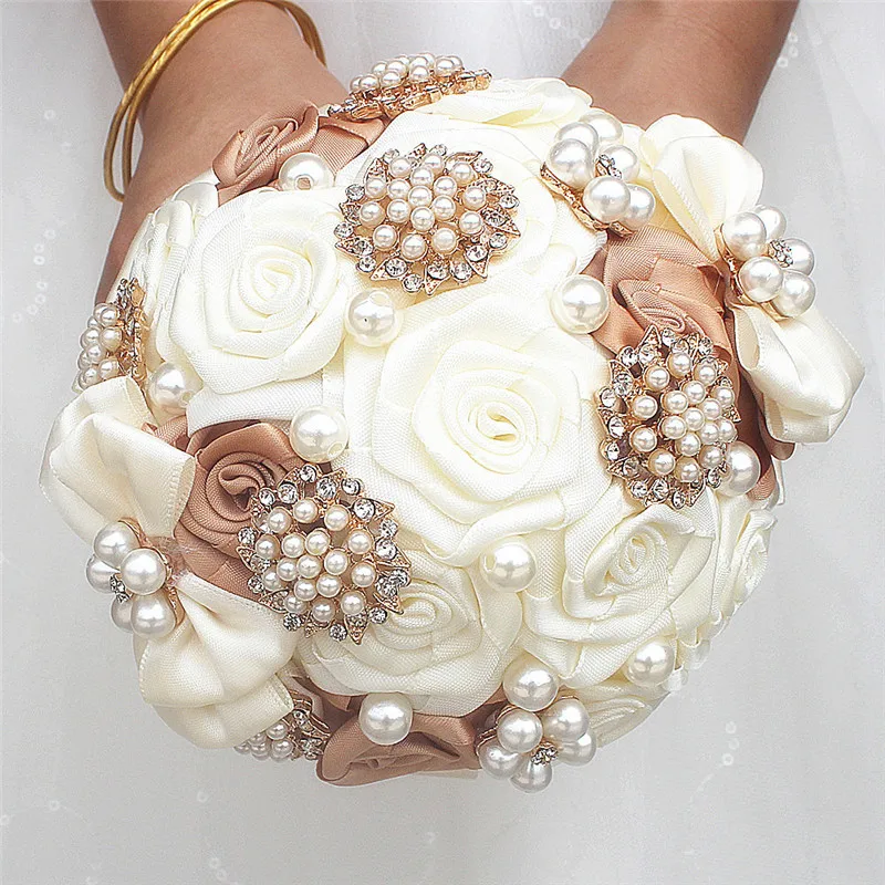 

Artificial flower 15cm ribbon rose bouquet luxury rhinestone pearl decoration bride wedding ball DIY handmade bouquet