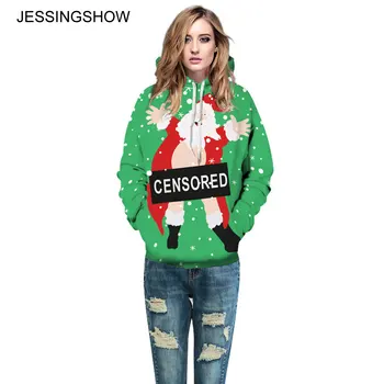

JESSINGSHOW New Women Men Christmas Hoodie Long Sleeve Funny Santa Claus 3D Printed Pocket Sweatshirt Jumper Hooded Pullover Top
