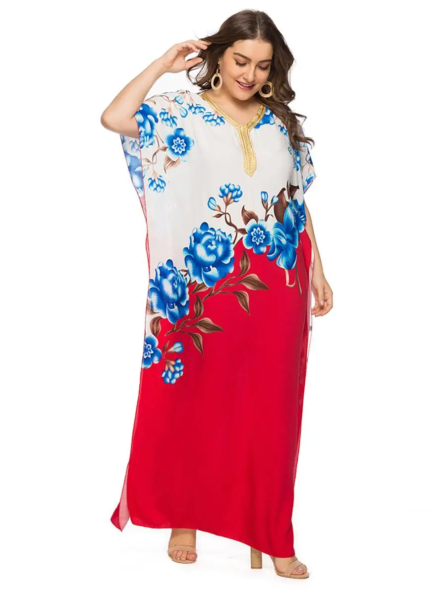 Летняя с цветочным принтом длинное платье со Размеры d рукав «летучая мышь» с О-образным вырезом с бубоном, Абая для мусульман, Дубай
