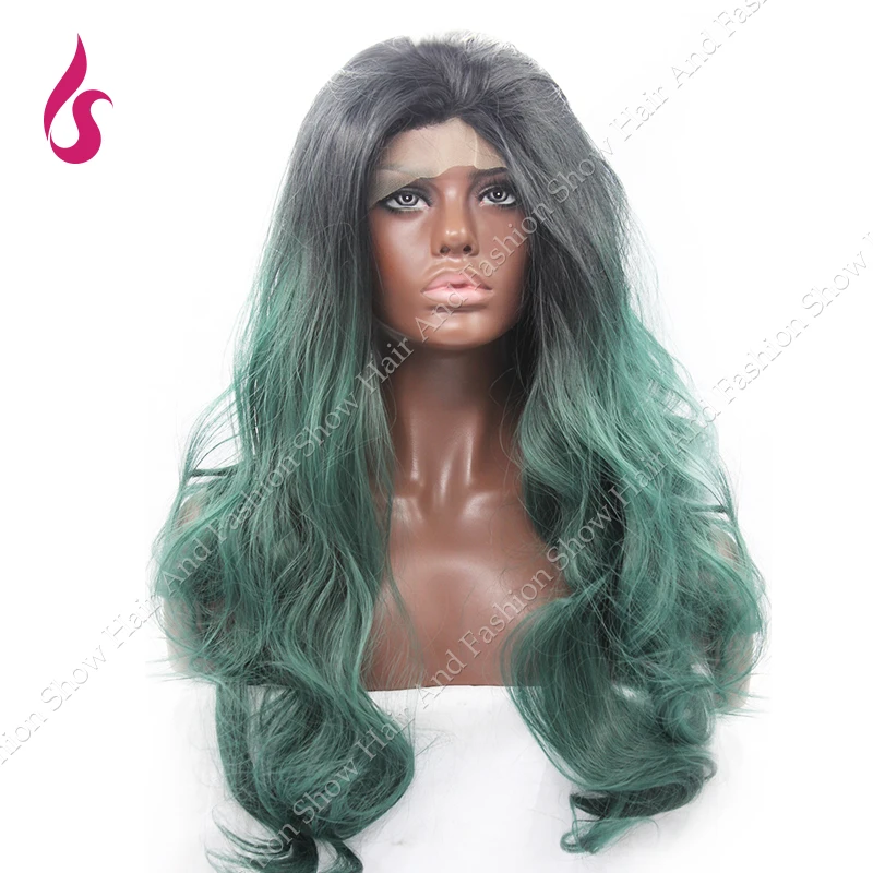 

Long Body Wavy Dark Root Blue Ombre Tone Synthetic Lace Front  wig  Two Tone Ombre Wig For Black Women !!