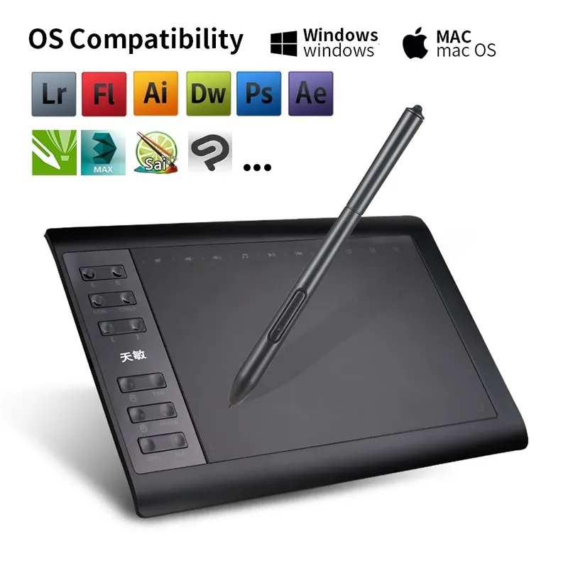 10moons 1060Plus Graphic Tablet 10x6 Inch Digital Drawing Tablet 8192 Levels Battery-Free Pen and Glove