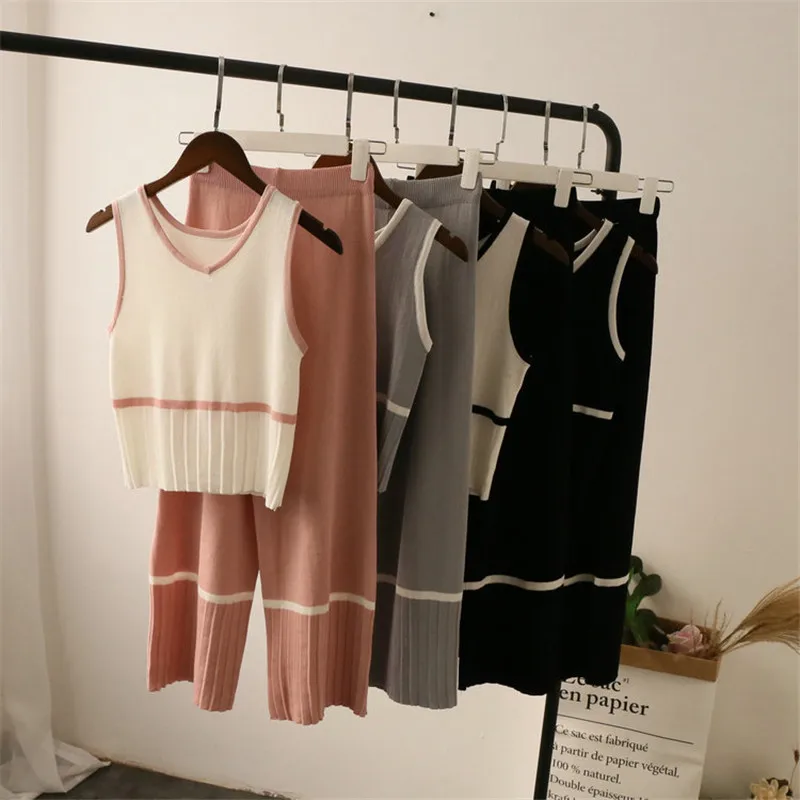 

2019 Summer Knitted Tank Top + High Waist Wide Leg Pants Set Women Sleeveless V-neck Vest Crop Top Mid-Calf Length Two Piece Set