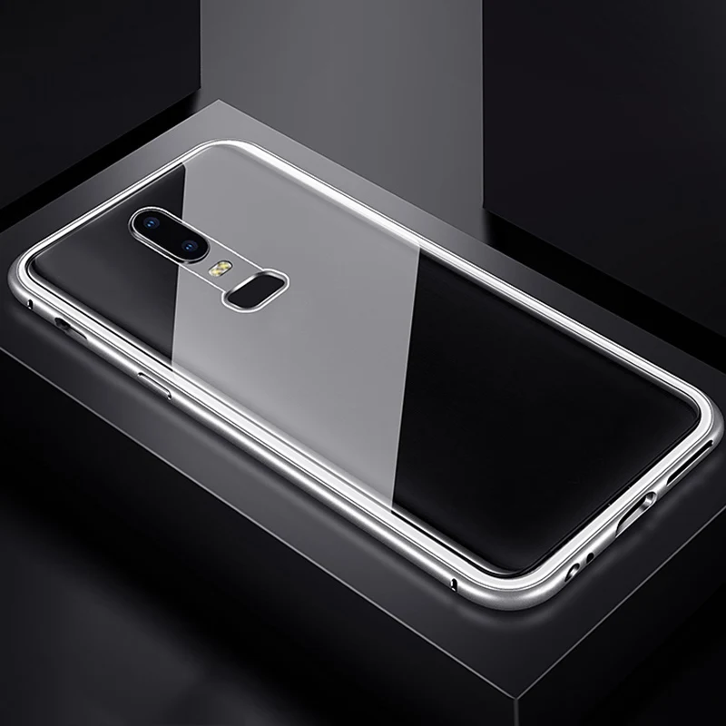 case-for-oneplus-6T-5T-case-Transparent-clear-glass-back-cover-metal-frame-protective-magnetic-flip