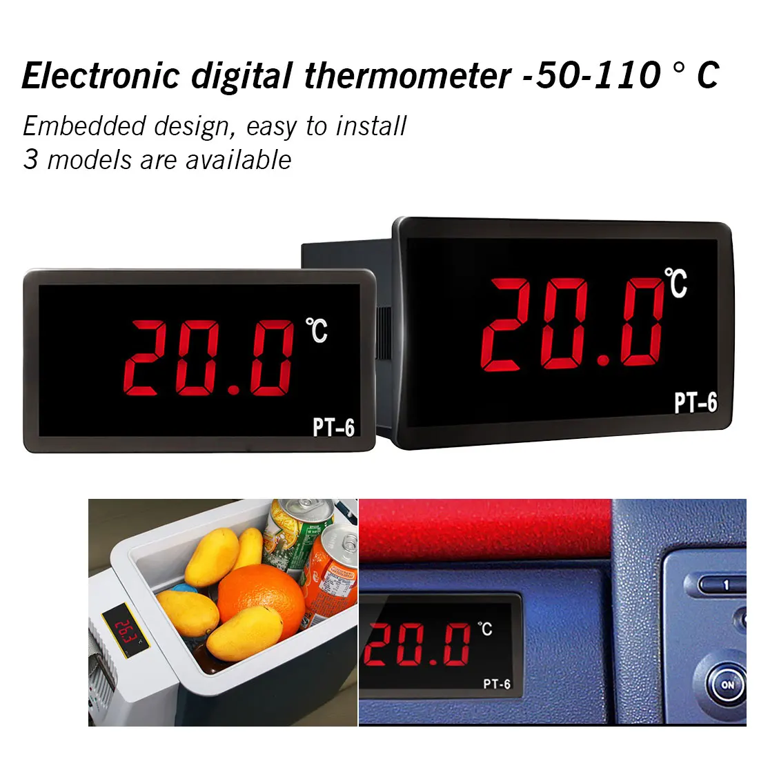 

-50~110C Digital Car Thermometer Vehicle Temperature Meter Monitor 12V 24V 110V Automotive Thermometer with NTC Sensor PT-6