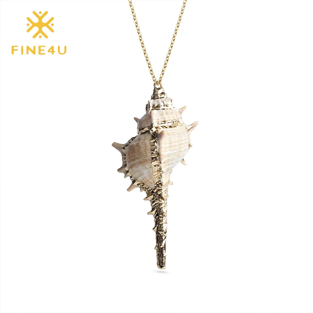 

FINE4U N154 Natural Ocean Conch Pendant Necklace For Women Stainless Steel Chain Necklaces 2019 Summer Shell Jewelry