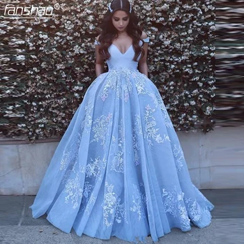 

Blue Muslim Evening Dresses Deep V-neck Ball Gown Tulle Lace Pearls Islamic Dubai Saudi Arabic Long Evening Gown Prom