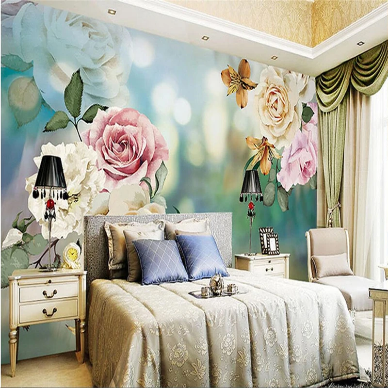 

beibehang Wallpaper Mural Wall Sticker European Pastoral 3D Rose Reflection TV Background Wall papel de parede